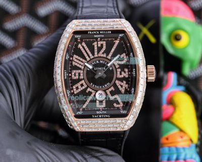 Replica Franck Muller V45 Yachting Rose Gold Diamond Case Black Leather Strap Watch 